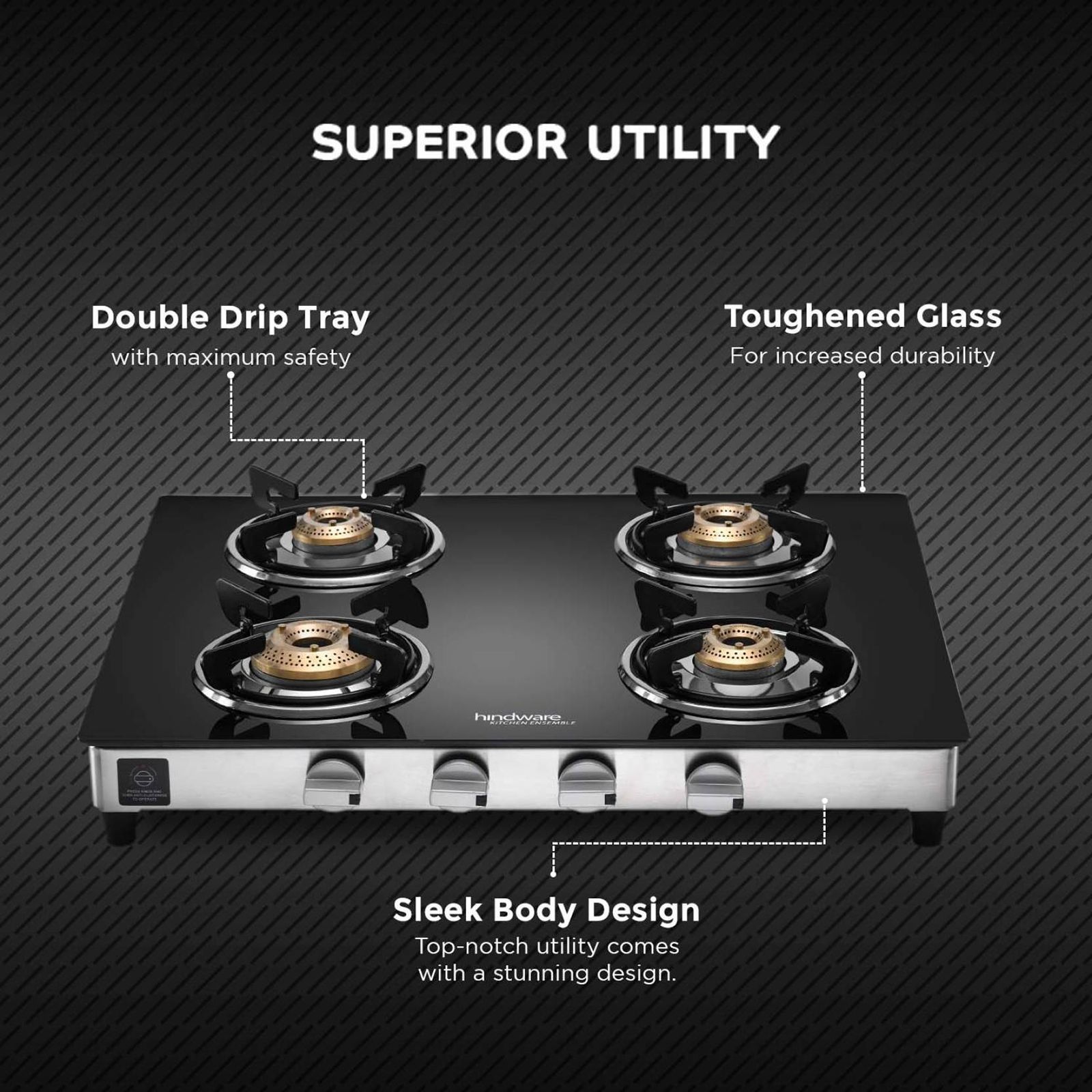 Buy Hindware ARMO Plus Toughened Glass Top 4 Burner Manual Gas Stove (Sleek Body Design, Black